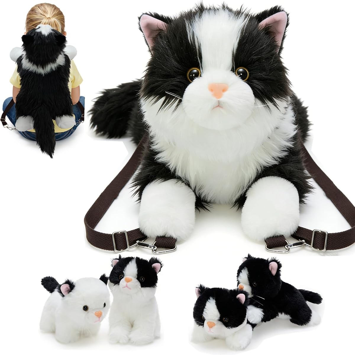Tezituor 20 inch Cat Stuffed Animals Bag with Babies, Large Realistic Stuffed Cat with 4 Cute Kitten Babies, Soft Ragdoll Plush Shaped Backpack, Mom and Baby Kitten Plushies Pillow for Kids