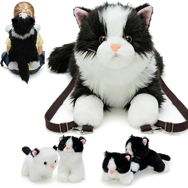 Tezituor 20 inch Cat Stuffed Animals Bag with Babies, Large Realistic Stuffed Cat with 4 Cute Kitten Babies, Soft Ragdoll Plush Shaped Backpack, Mom and Baby Kitten Plushies Pillow for Kids