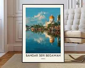 Bandar Seri Begawan travel poster print wall art featuring Brunei waterfront skyline and the iconic mosque an elegant Brunei themed decor piece for living rooms and bedrooms