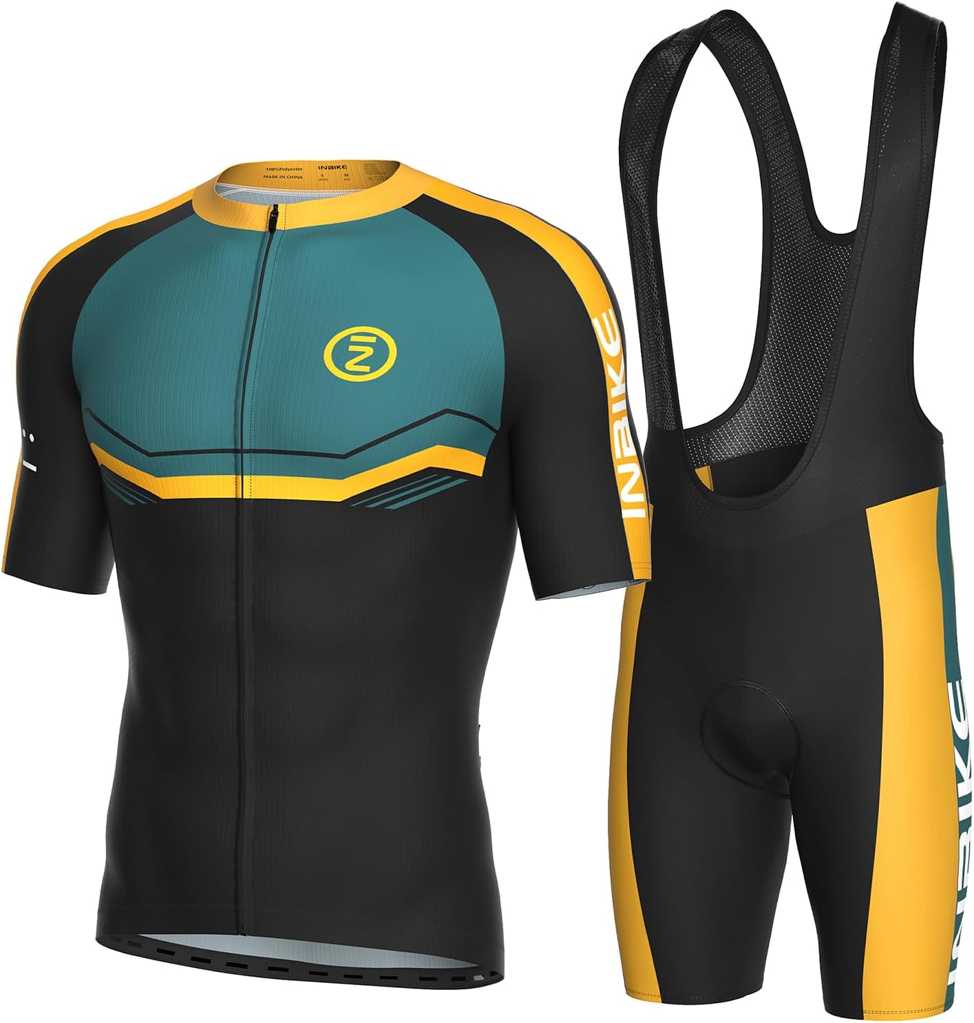 INBIKE Men's Cycling Clothing Set, Short Sleeve Cycling Jersey with 3 Rear Pockets, Cycling Bib Pants 3D Padded Breathable