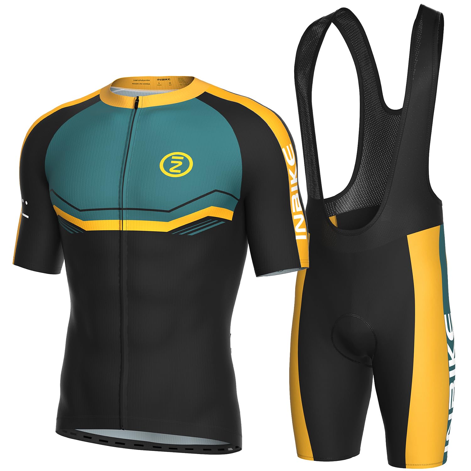 INBIKE Set di abbigliamento da ciclismo da uomo, maglia a maniche corte con 3 tasche posteriori, pantaloni da ciclismo imbottiti 3D traspiranti