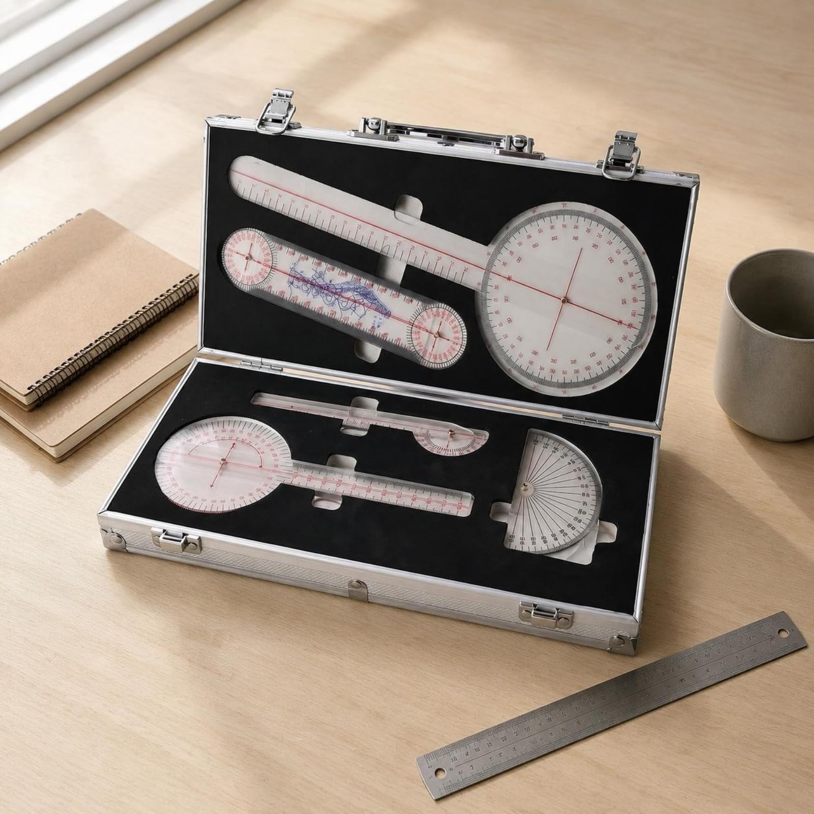 Goniometro Articolare Valigetta in Metallo Kit Goniometro Chiusura a Scatto Righello Goniometrico per Fisioterapisti, Ortopedici, Studio Medico, Lega Di Alluminio Con Scatola
