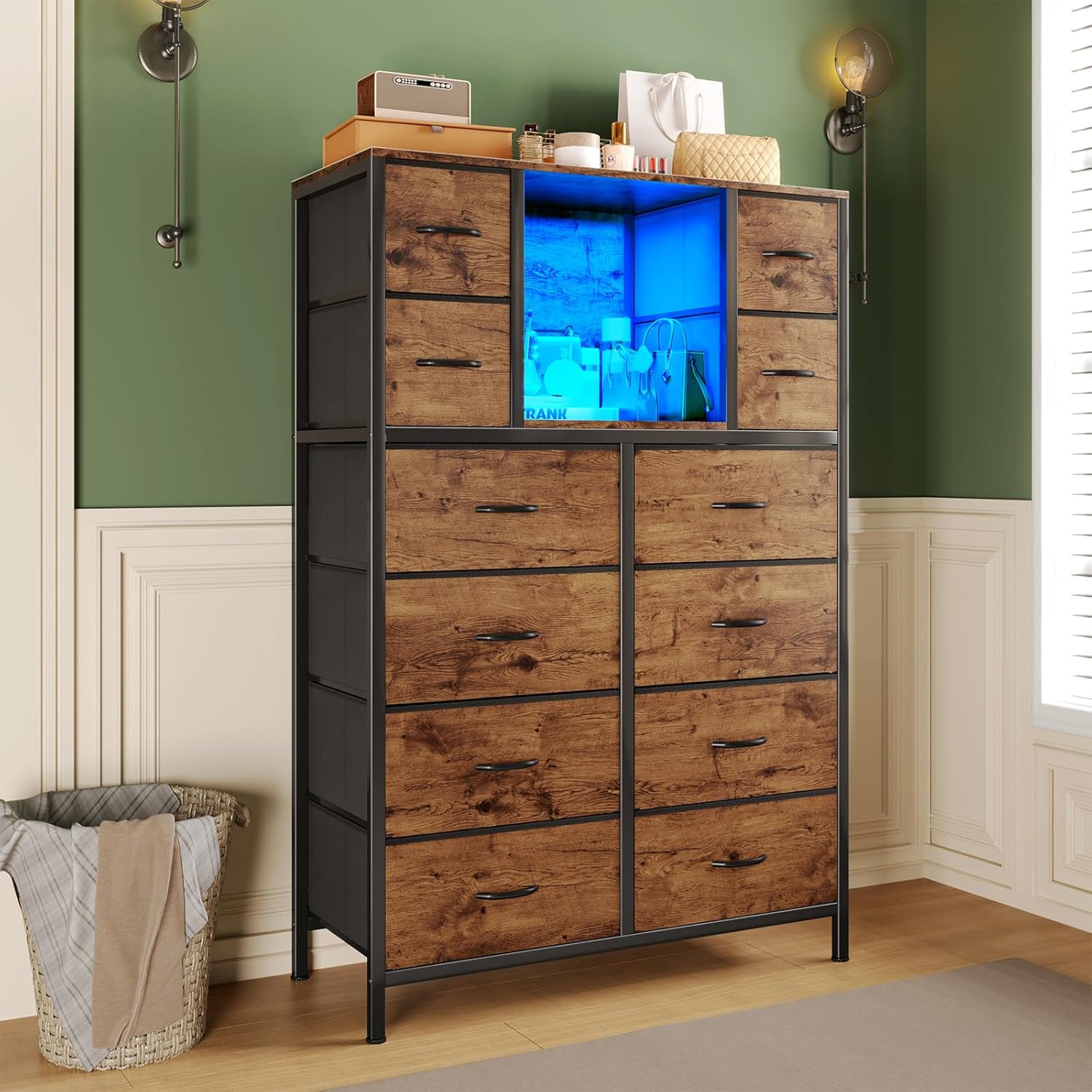 58.7" H Dresser for Bedroom with 12 Fabric Drawers & LED Lights, Anti-Tips Chest of Drawers with Open Shelves for Small Space, Living Room, Storage Organizer with Steel Frame, Wood Top, Rustic Brown - Image 2