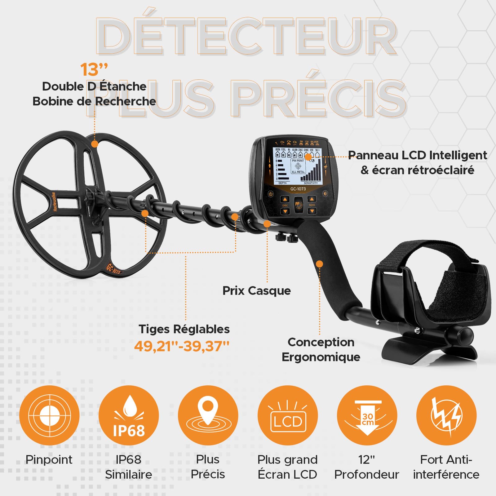 Hazlewolke 33cm detecteur de metaux Professionnel pour Adultes avec Grande Bobine de Recherche étanche Double d, Haute sensibilité et Fonction de pointeur, avec écran LCD rétroéclairé