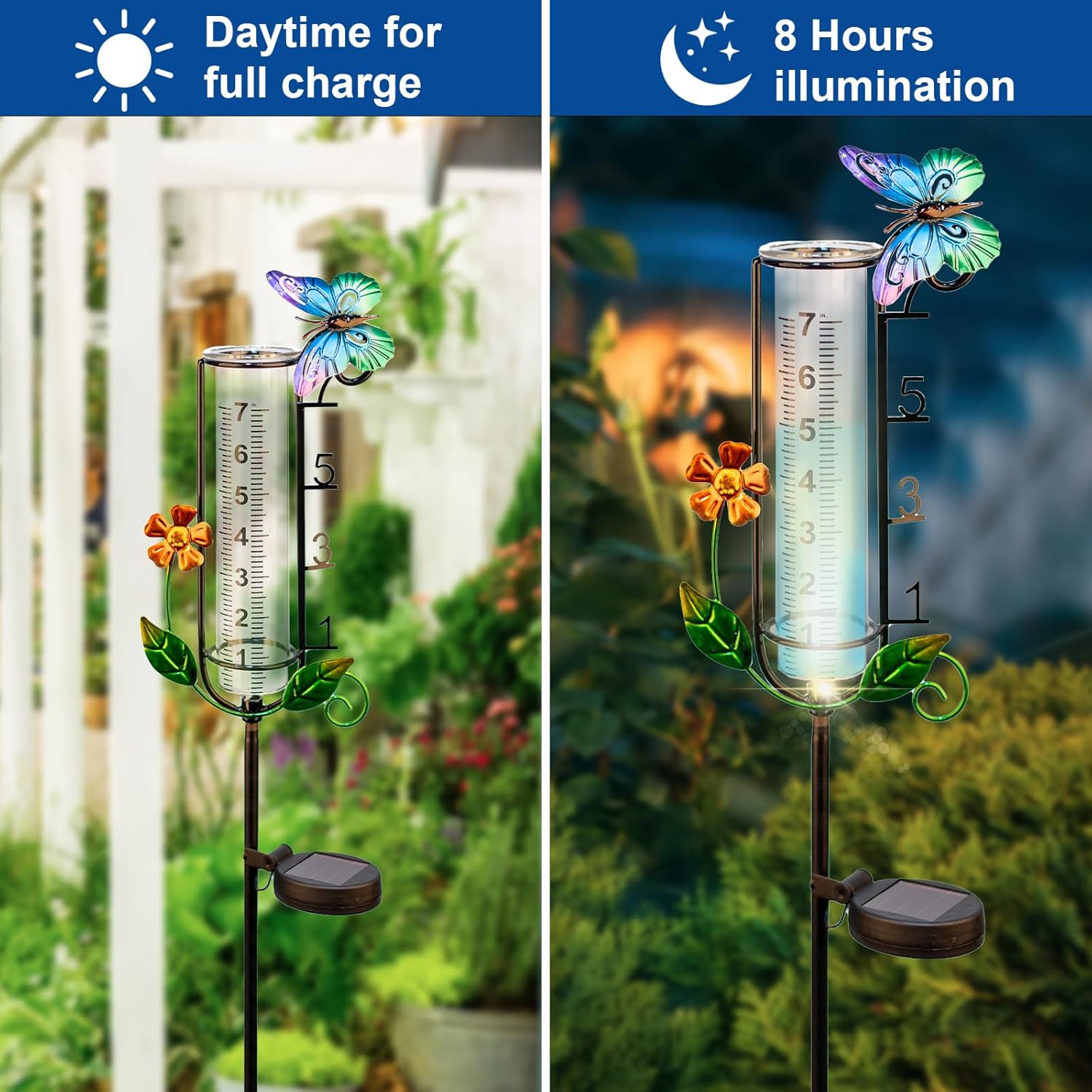 45'' Solar Rain Gauge with LED Light, Butterfly Weather Station for Garden Decor, Outdoor Waterproof Rain Measurement Tool for Yard, Lawn, Patio - Functional & Decorative Weather Art