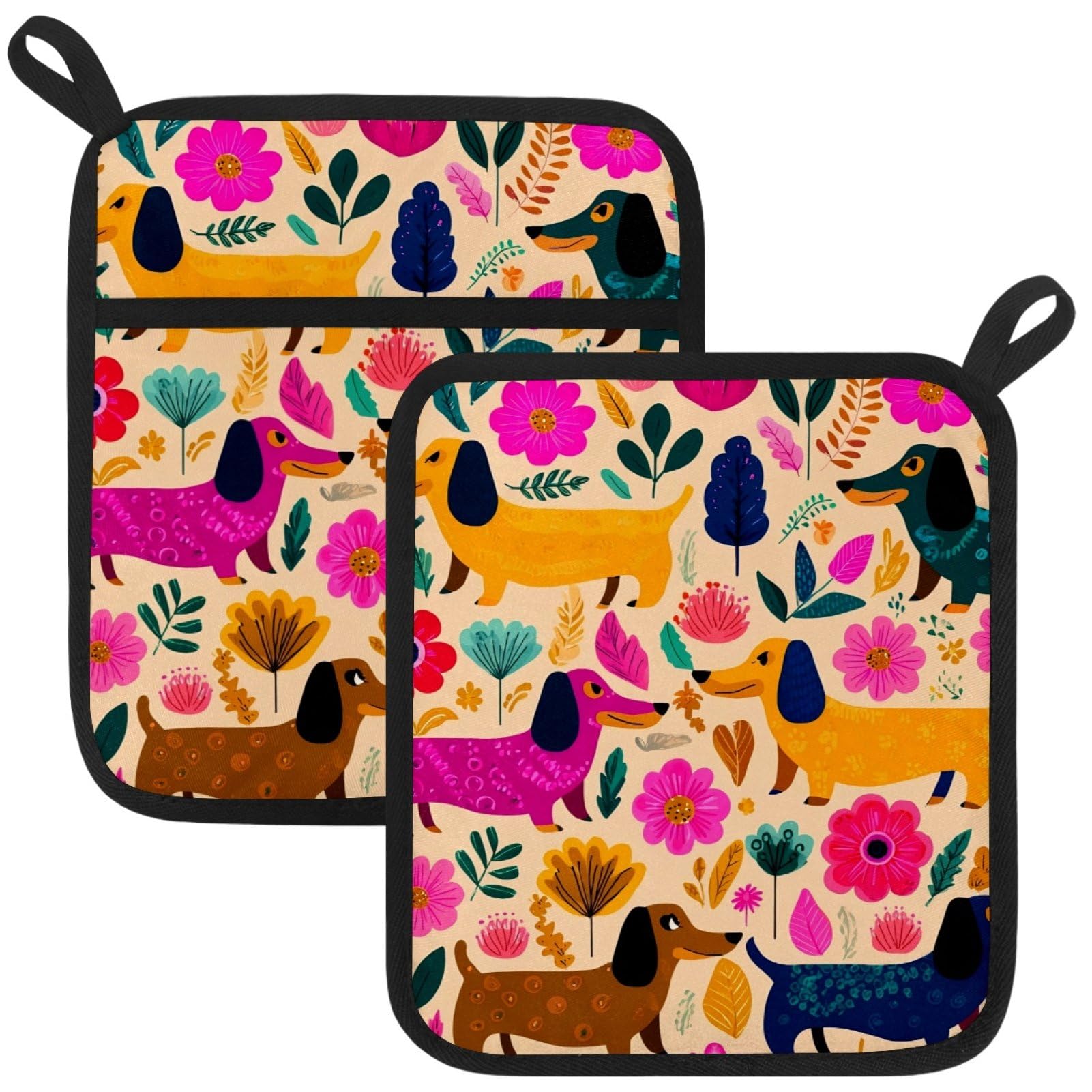 VAPOKF Dachshunds Flower Heat Resistant Pot Holders, Thick Pot Holders Pad with Hanging Loop for Kitchen, Oven Cloth Pads for Kitchen Baking Microwave Oven