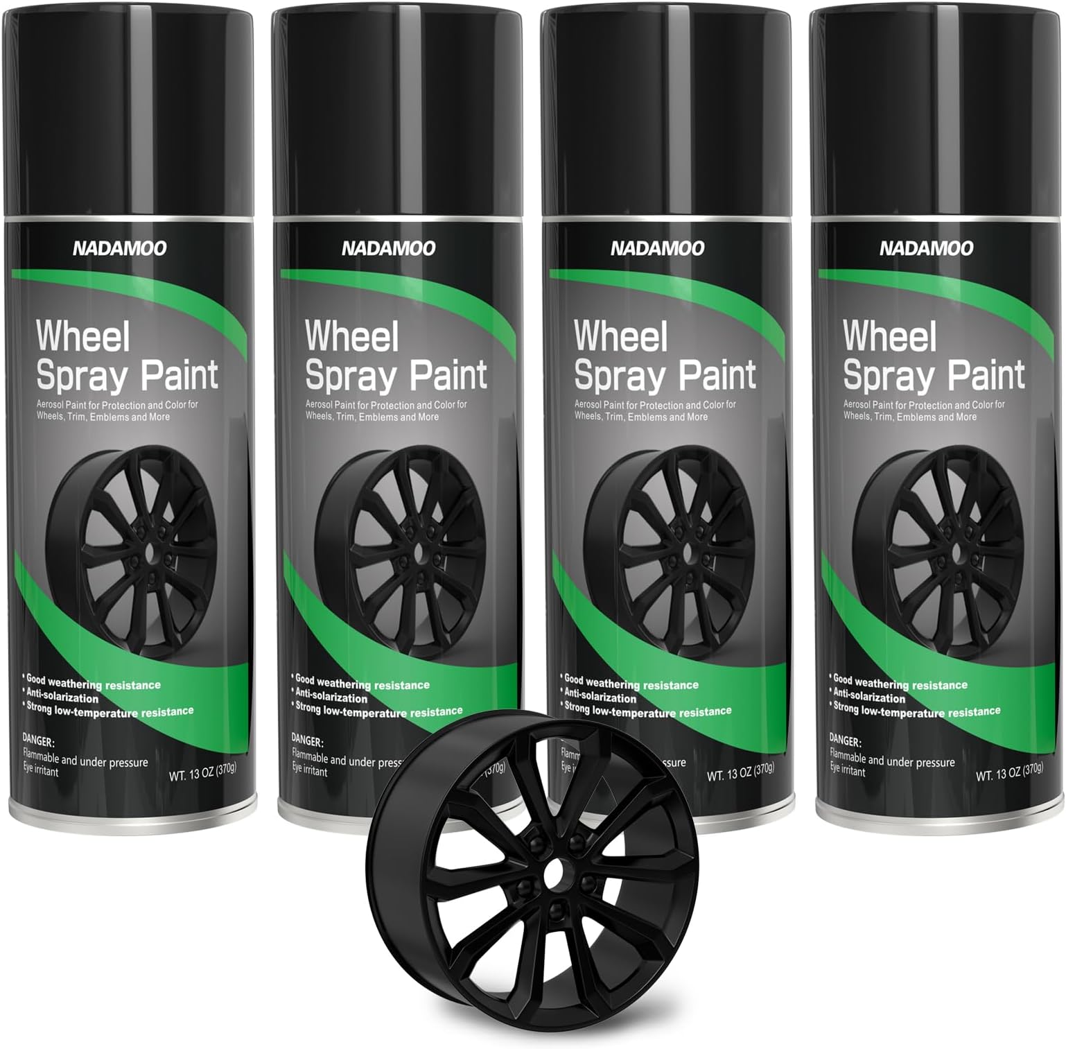 NADAMOO Aluminum Wheel Spray Paint, Car Rim Aerosol Paint for Recolor and Protection of Metal Surface, Semi-gloss Black, 4 Cans, 13 Oz Per Can