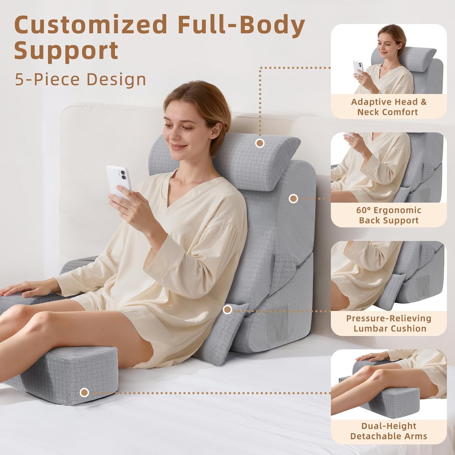 5PCS Reading Pillow for Sitting in Bed Adult, 2 in 1 Foldable Back Wedge Pillow for Sleep, Ergonomic Back Support Pillow with Arms for Watching TV, Gaming, Working, Recovery, 19” Grey