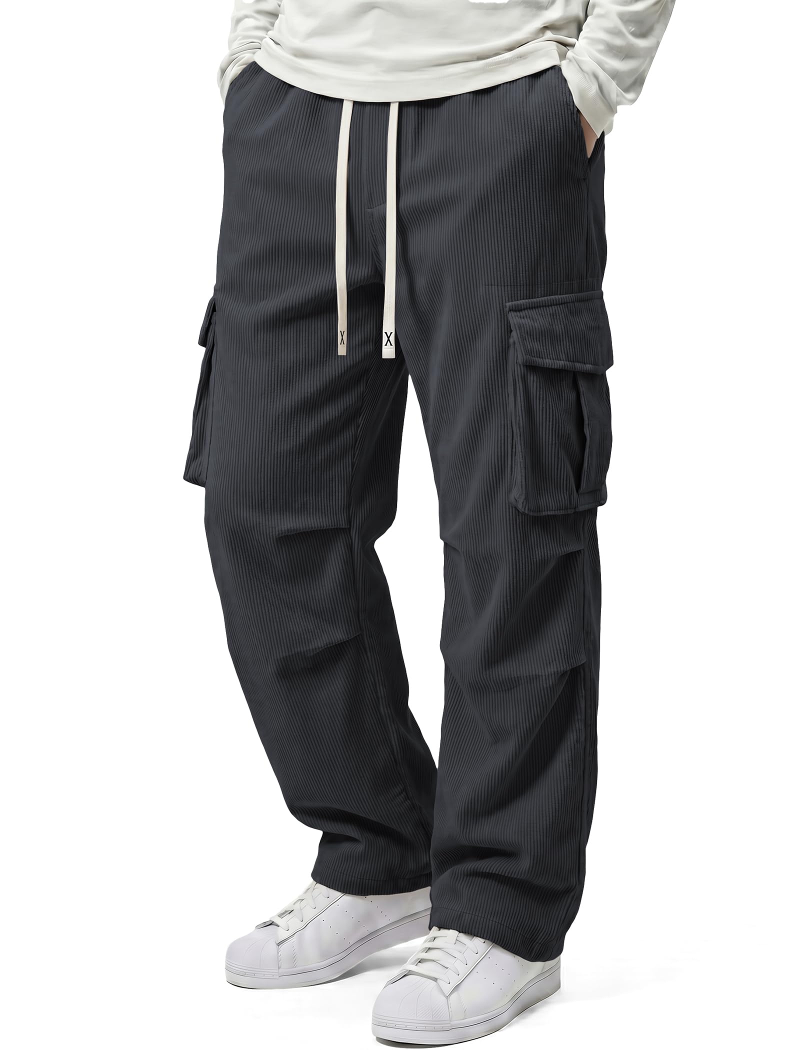 Mens Casual Corduroy Cargo Joggers Pants Baggy Tapered Sweatpants