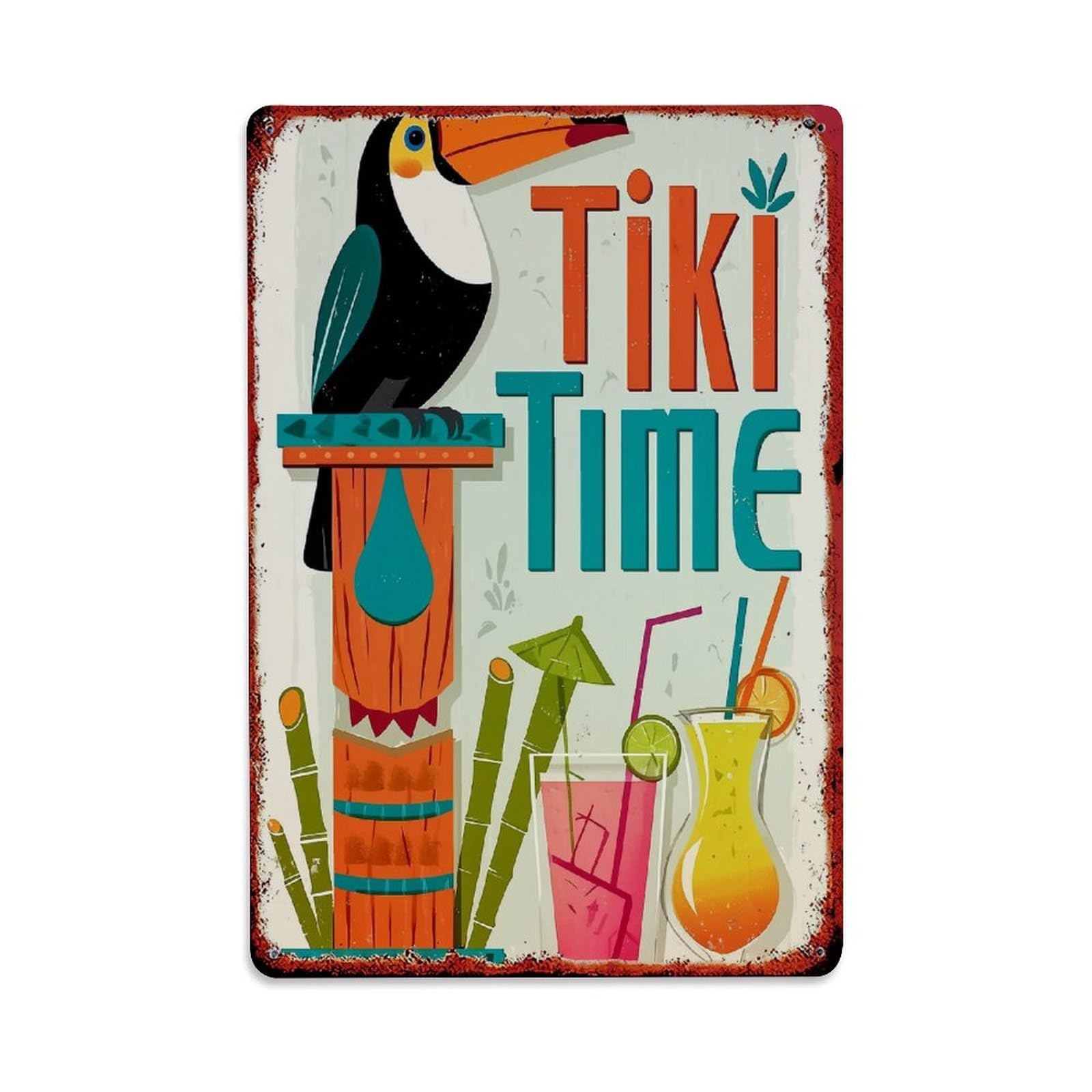 Jdfenggu Vintage Tiki Bird Bamboo Drinks Time Retro Metal Tin Sign, Decor Art Poster For Bar, Home, Man Cave, Kitchen, Laundry Room Gift 8X12inch