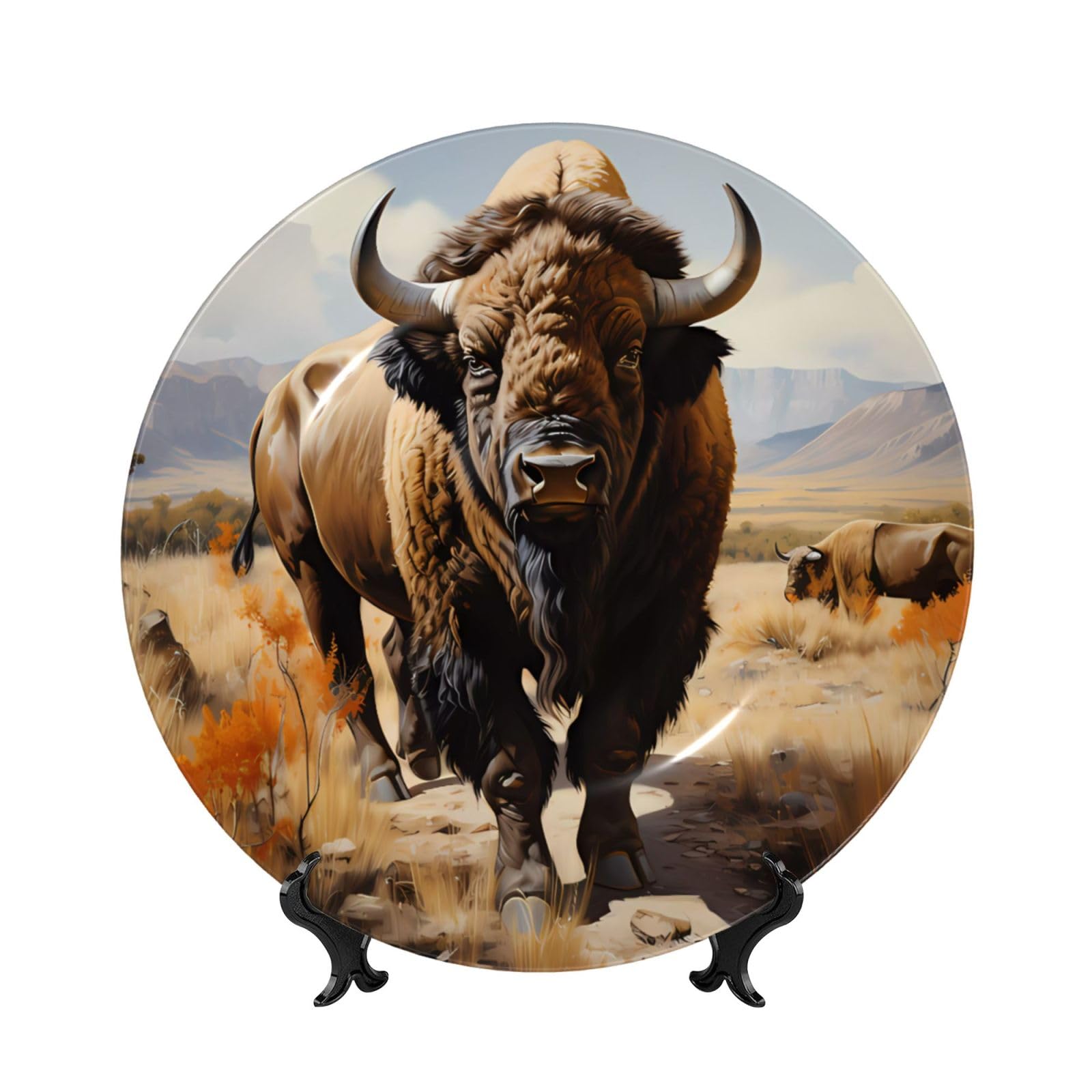 SXZVVBN North American bison herd Bone China Decorative Plate Art with Stand Removable Adhesive Hanging for Home Office 7in