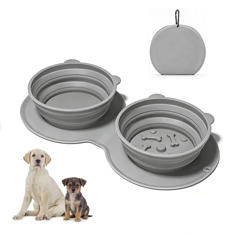 Tigela para Viagem para Cães e Gatos BaiKevin de Silicone Dobrável com Mosquetão, Dupla e Ajustável, 454 mL, BK7