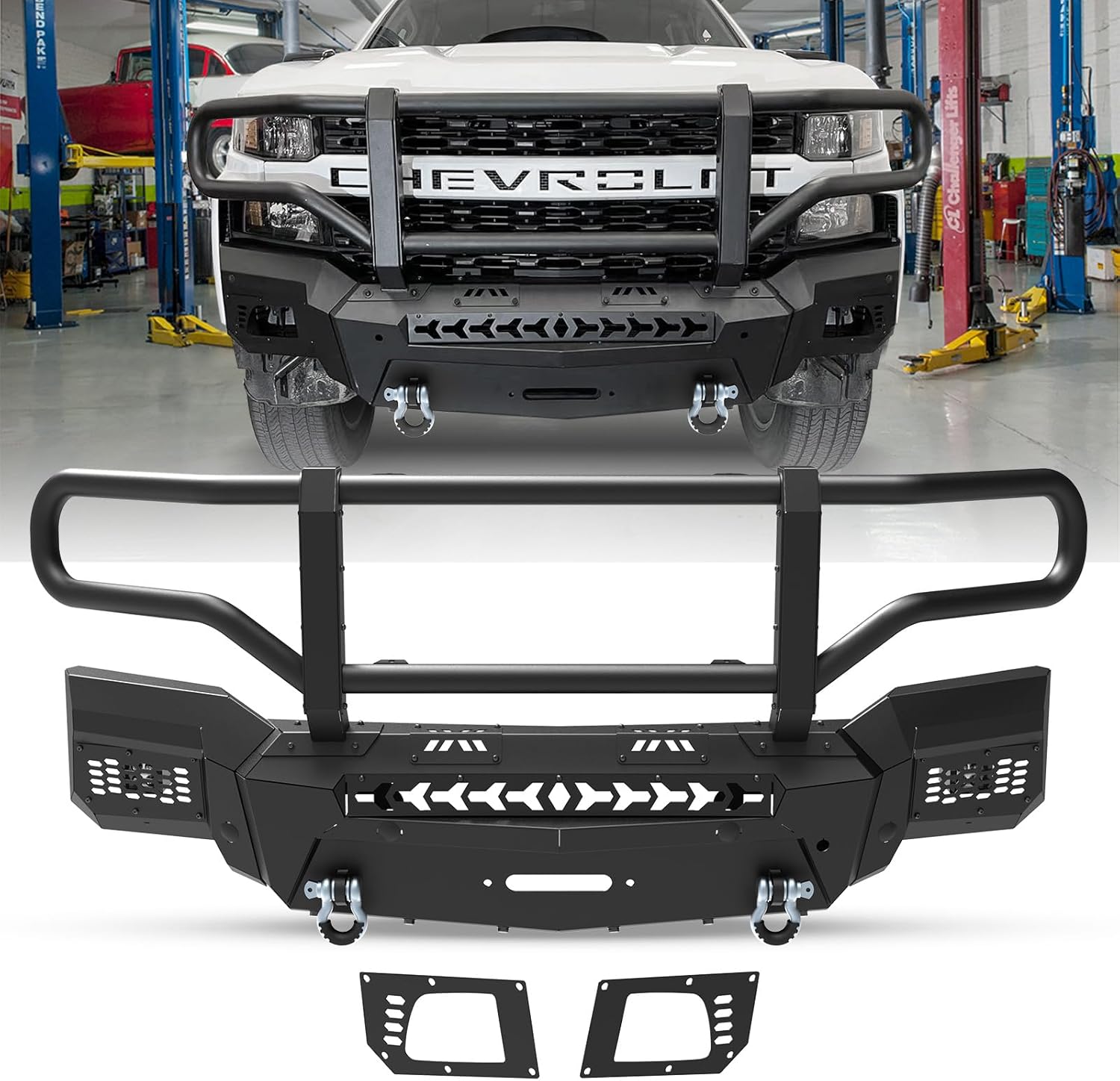 AUTOWIKI Front Bumper for 2019-2021 Chevy Silverado 1500 (Exclude Diesel, ZR2 & 19 LD) Modular Steel Off-road Front Bumper w/Bull Bar, Side Wings fit oem fog light, 2 Pod Lights D-rings Included