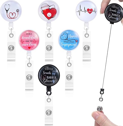Outus 6 piezas de carrete retráctil para enfermera, divertido soporte para credencial de identificación, etiqueta de nombre de trabajo con clip de