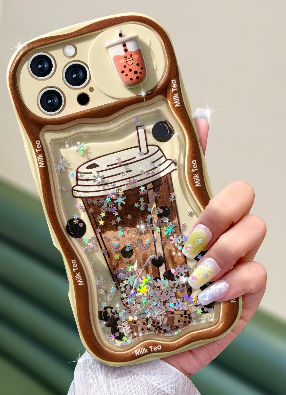 Toycamp for iPhone 16 Pro Case 6.3 Inch - Women Girls Cute Phone Cover Boba Milk Tea with Sliding Camera Cover Teens Girly Bling Glitter Kawaii Design Flowing Liquid Quicksand Case for iPhone 16 Pro