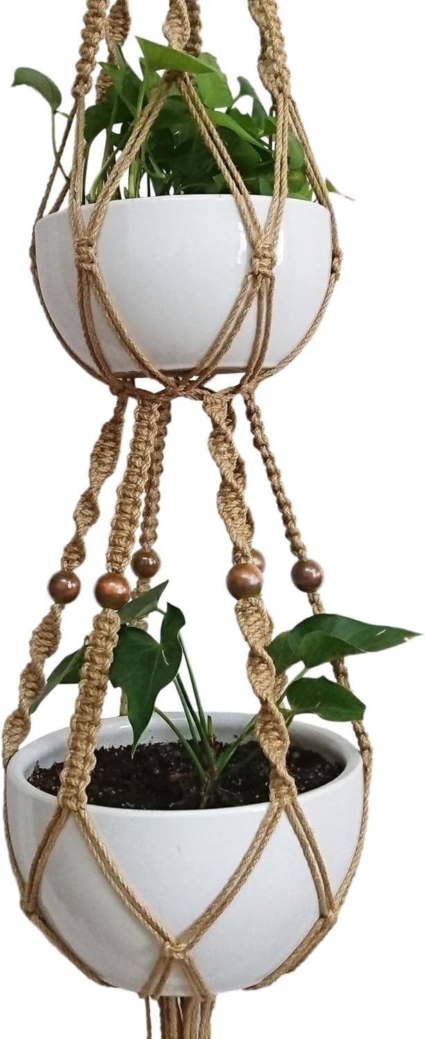 1 PCS 6 Legs Macrame Plant Hanger Jute Double Tiers Plant Hanger & Plant Holder with 6 pcs Round Brown Wood Bead, Hanging Planter 65-inches for 8 inch and 10 Inch Plant Pot (Without Pot)