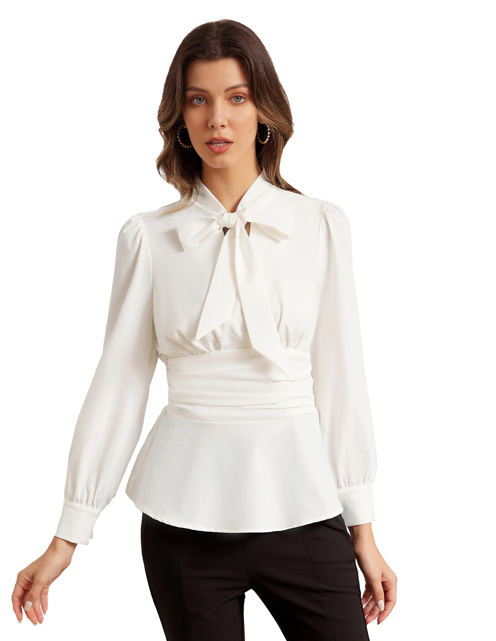 GRACE KARIN Donna Camicetta con Vita Definita Maniche Lunghe a Sbuffo Fiocco Decorativo Ufficio Elegante Top Scollo a V Peplum Orlo Nero/Avorio