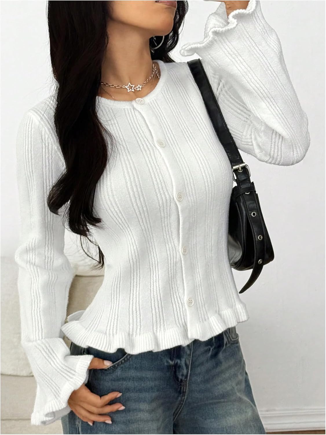 SOLY HUX Women's Ruffle Long Sleeve Cardigans Button Down Crew Neck Fitted Sweater Fall Clothes - Image 2