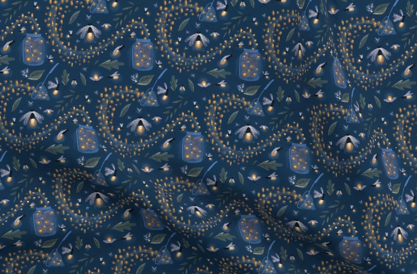 Spoonflower Fabric - Fireflies Picnic Boys Room Jar Whimsical Watercolor Insects Printed on Organic Cotton Sateen Fabric by The Yard - Sewing Quilting Apparel Home Decor