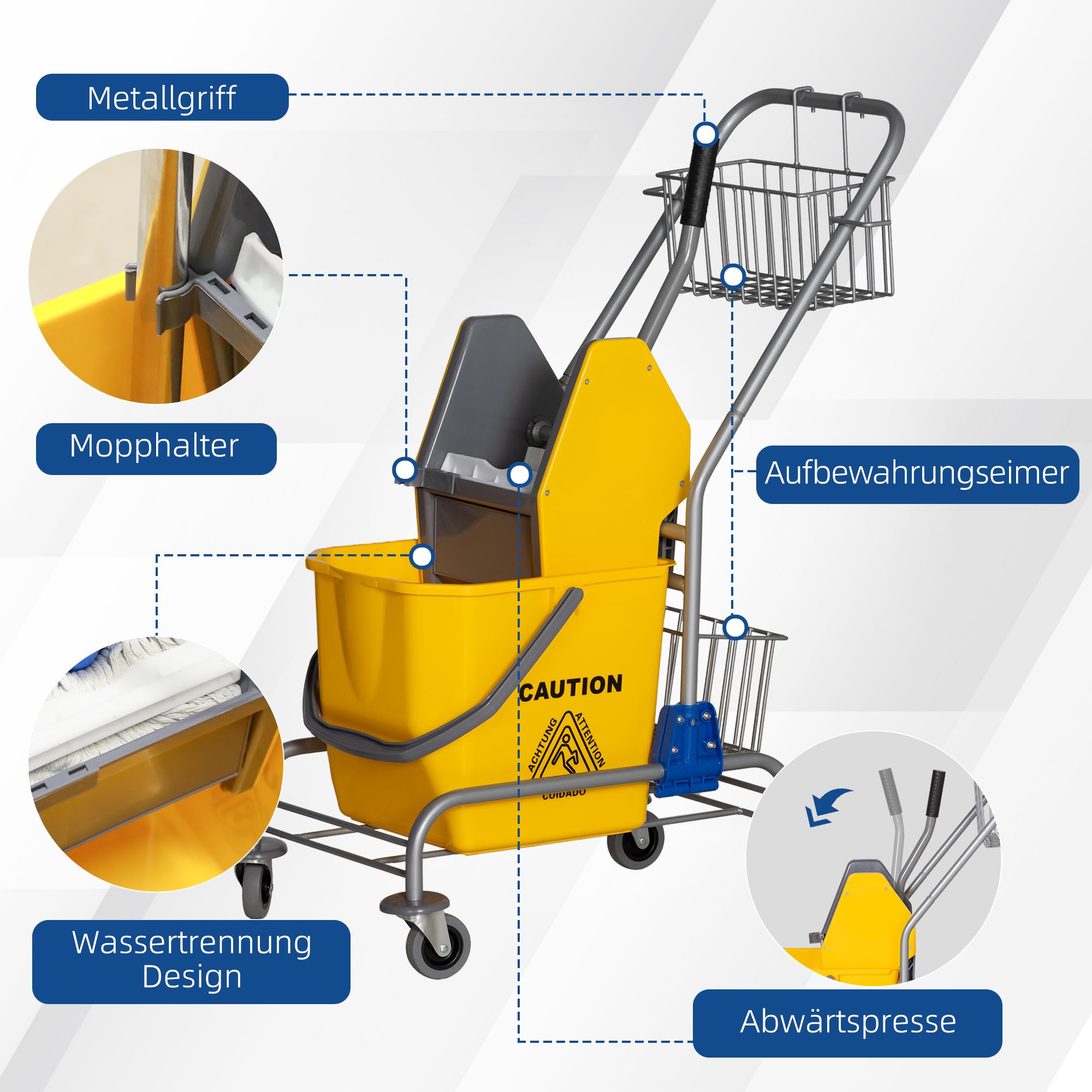 HOMCOM Carrello per pulizie Carrello per pulizie 26 litri Carrello con strizzatore, carrello domestico con rotelle, gancio per mocio Giallo