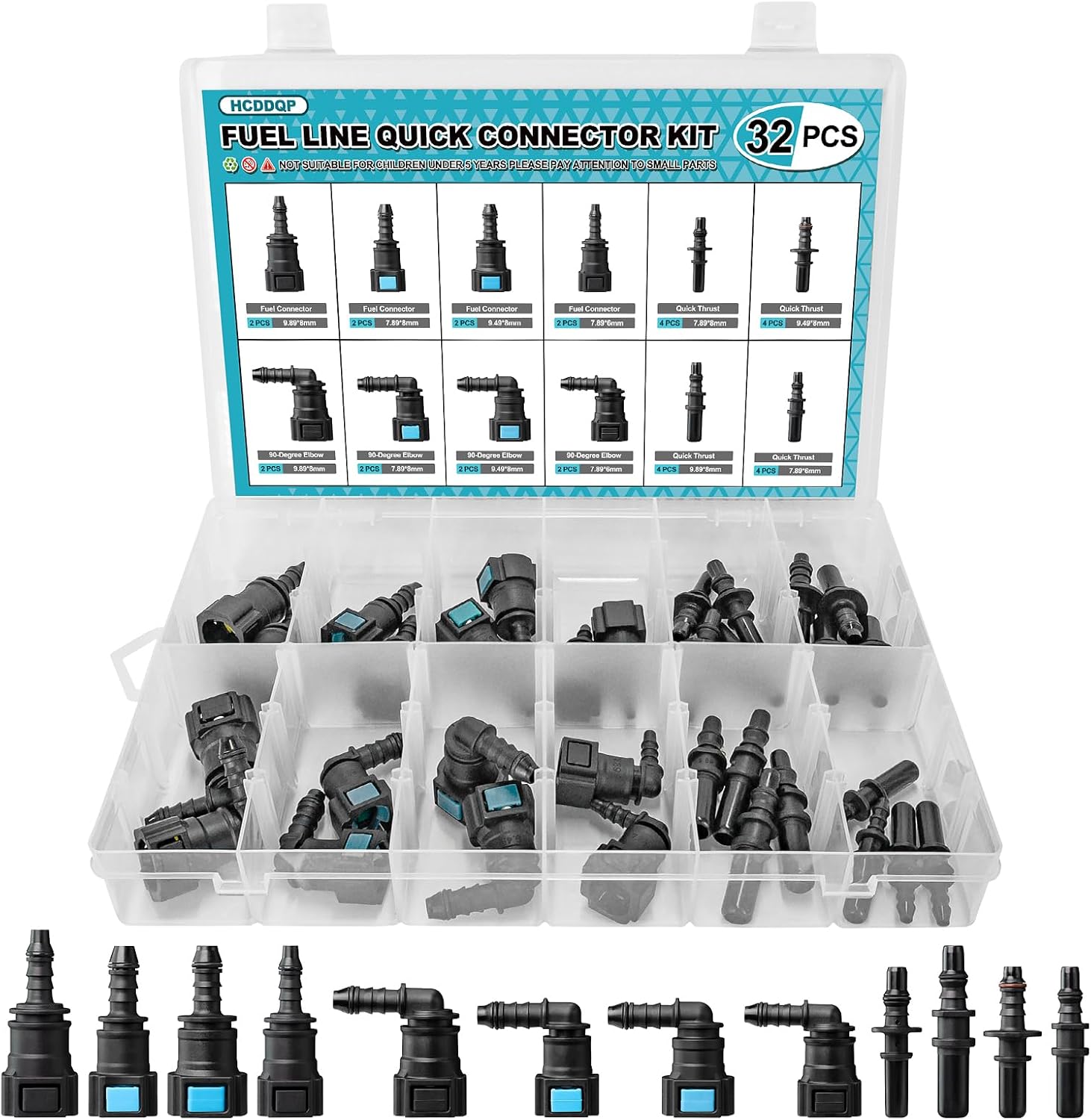 32PCS Fuel Line Quick Connect Assortment Kit, 12 Sizes Fuel Line Repair Kit, Straight Elbow Pipe Connector Fittings SAE 9.89mm & 9.49mm & 7.89mm
