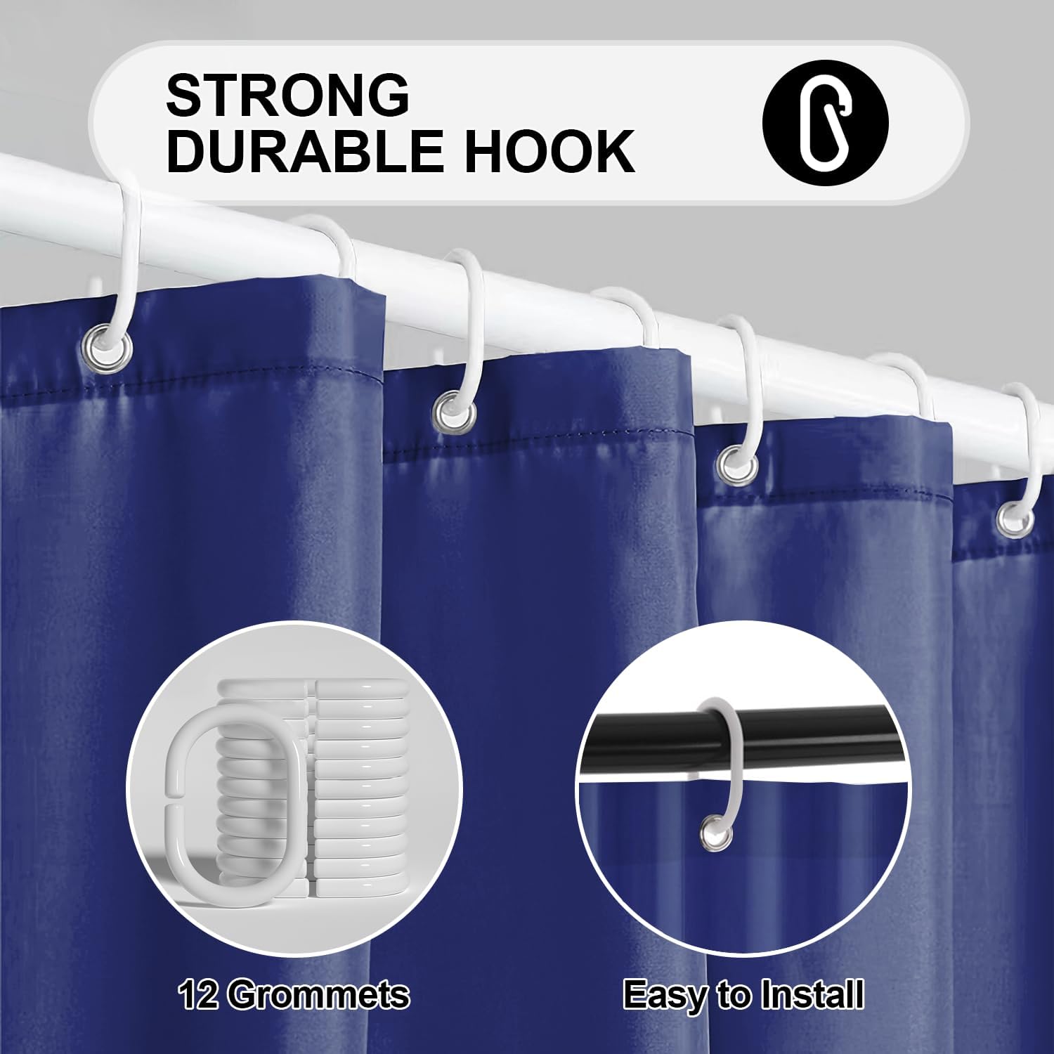 timecity Dark Blue Shower Curtain Liner PEVA Bath Curtain with 3 Magnets Thickened Waterproof Quick Drying Shower Curtain Set with 12 White Plastic Hooks Shower Liner for Bathroom Shower,71x71inch image 4