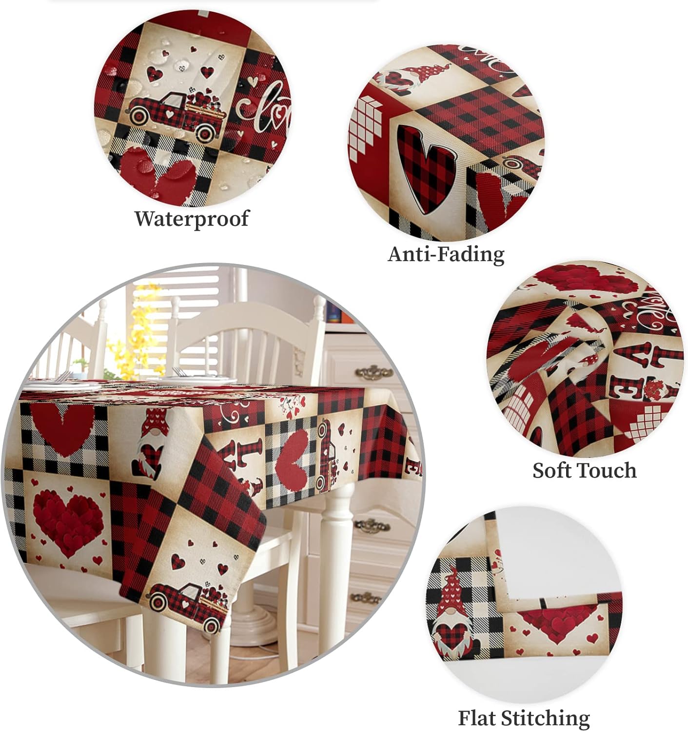 Spring Waterproof Tablecloth Red Love Buffalo Plaid Rectangle Table Cloths Heart Gnome Truck Oil Proof Washable Table Cover for Kitchen Dining/Party/Holiday/Wedding Table