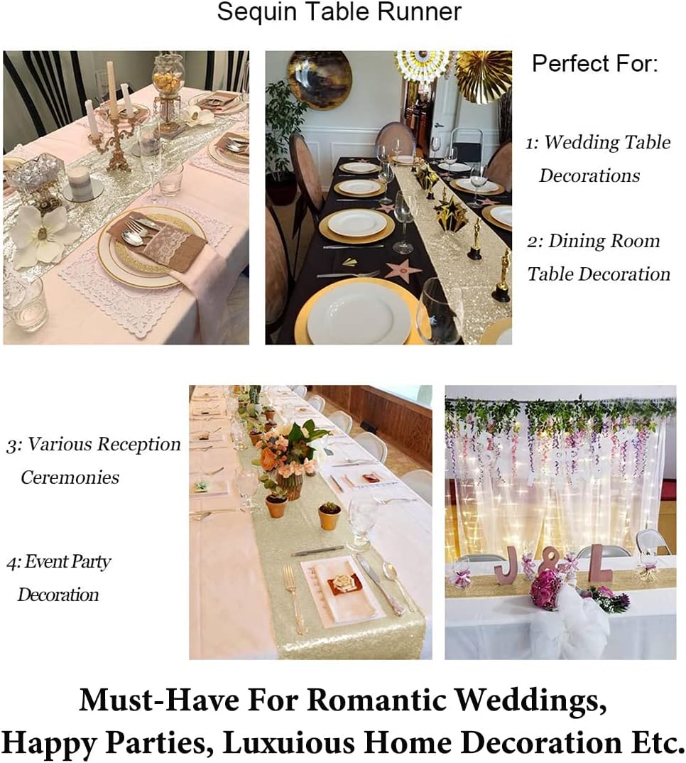 DUOBAO 5 Pack 12x120-Inch Champagne Gold Sequin Table Runners - Glitter Event Decor for Weddings, Parties, and Special Occasions