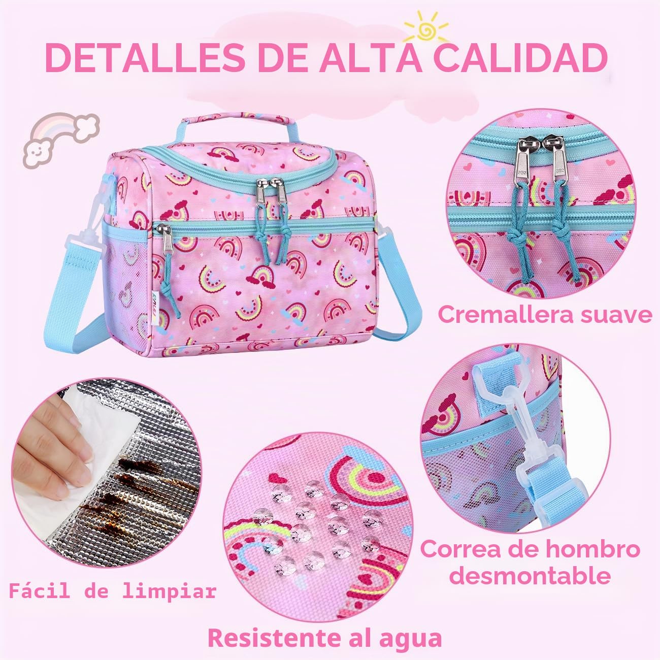RAVUO Bolsa Termica porta Alimentos Infantil,Bolsa Almuerzo para Niños Niñas Bolsa Isotermica Loncheras con Correa de Hombro Ajustable para Escuela Guardería Picnic 6.5 L