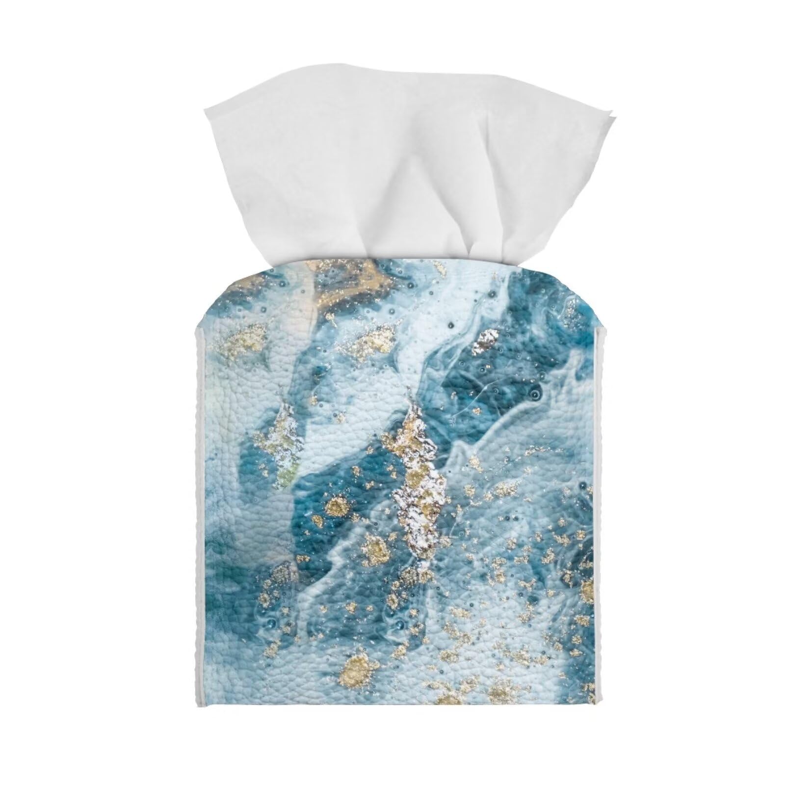 Maiyoinou Tissue Box Cover PU Leather Square Tissue Case Holder for Bathroom Kitchen Bedroom Office Outdoor Tent Car Creative Decorative, Blue Gold