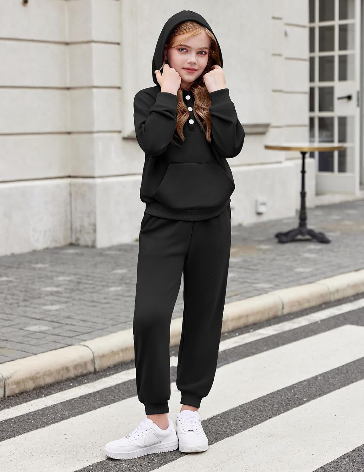 Arshiner Girls 2 Piece Outfits Fashion Sweatsuits Button Down Hooded Sweatshirt and Sweatpants with Pockets Kids Tracksuit - Image 2