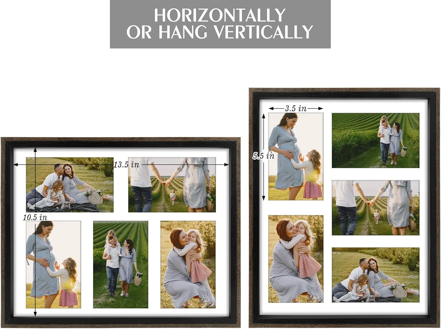 Golden State Art, 11x14 Collage Picture Frame with Five 4x6 Inch Opening, Horizontal and Vertical Display, Rustic Farmhouse Frames, Black & Walnut, Set of 2