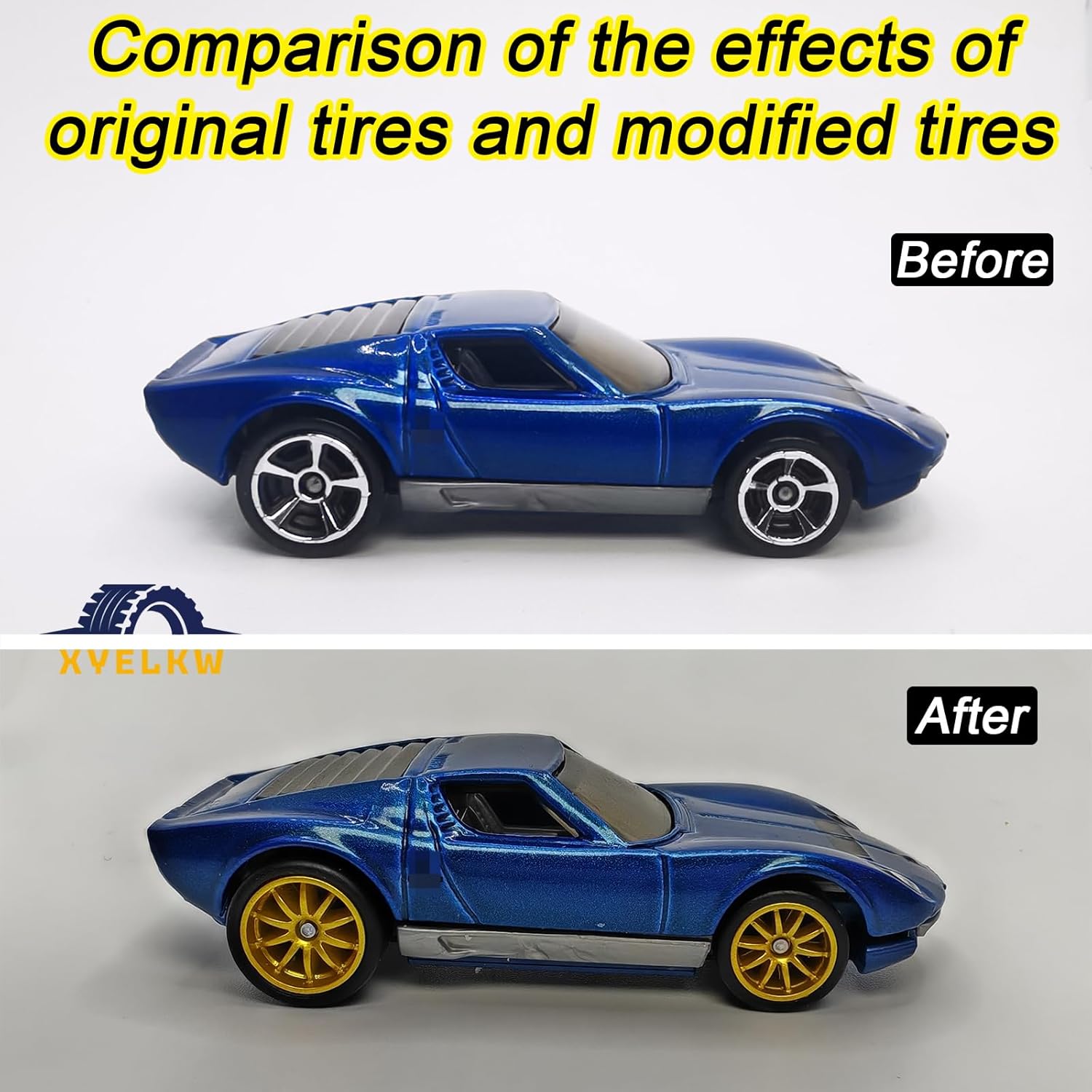 5 Set 1/64 Wheels Small Front and Large Rear 1/64 Wheels and Tires Set with 5 Styles Wheels and Removable Rubber Tires Suitable for Modification of 1 64 Scale Cars with Narrow Chassis (Gold)