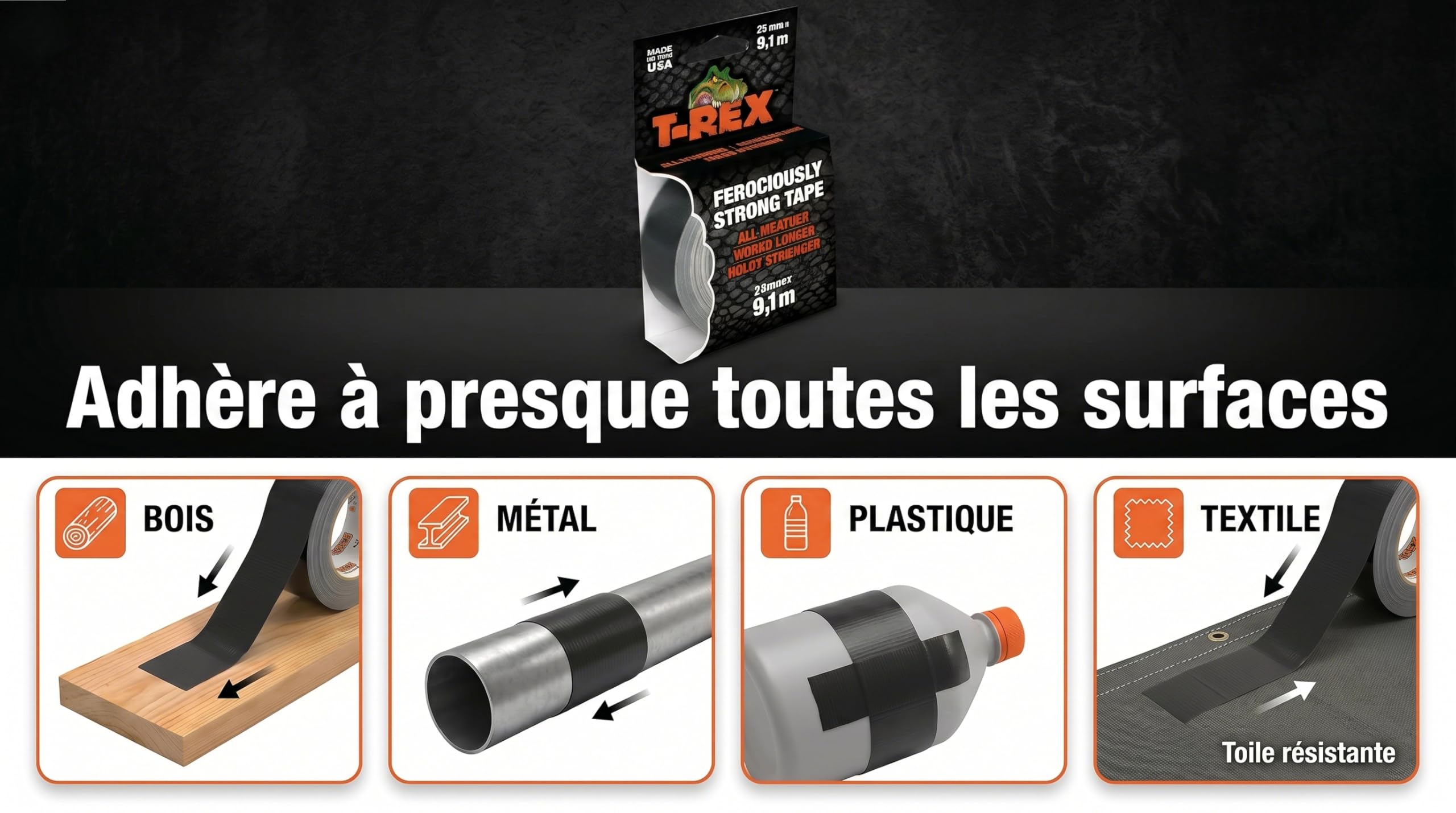 Ruban adhésif T-Rex Tape 821-25 imperméable indéchirable 25mm x 9,1m gris