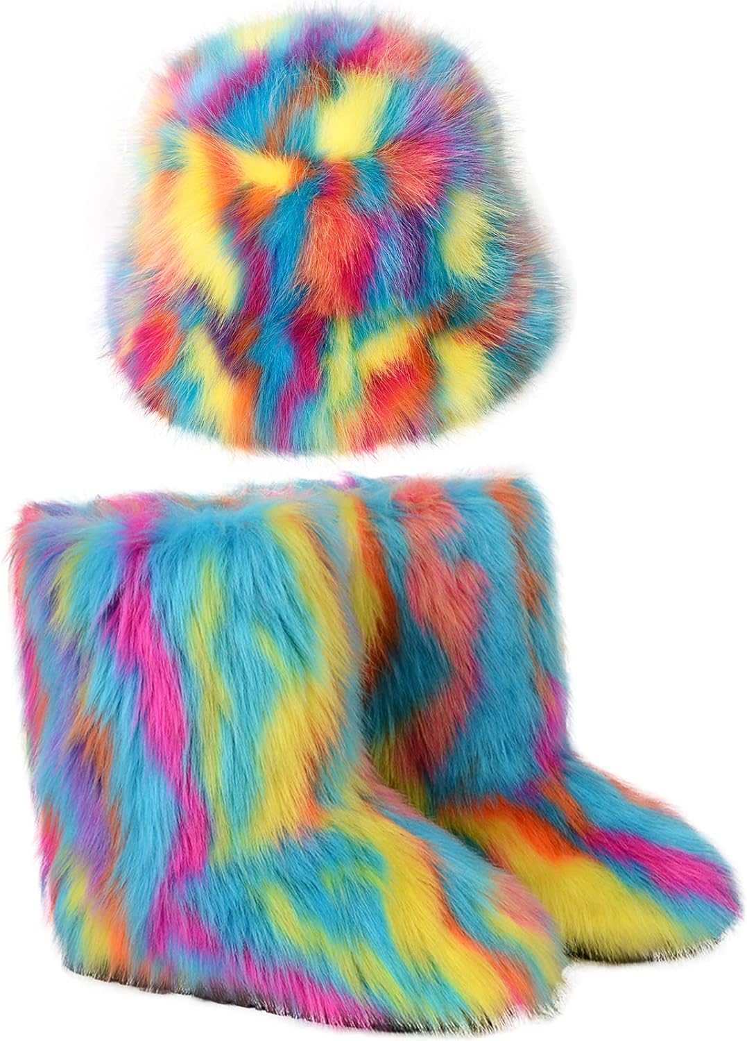 YESBOR Women's Winter Faux Fur Snow Boots Warm Fuzzy Fluffy Bucket Hat Rainbow Fisherman Cap