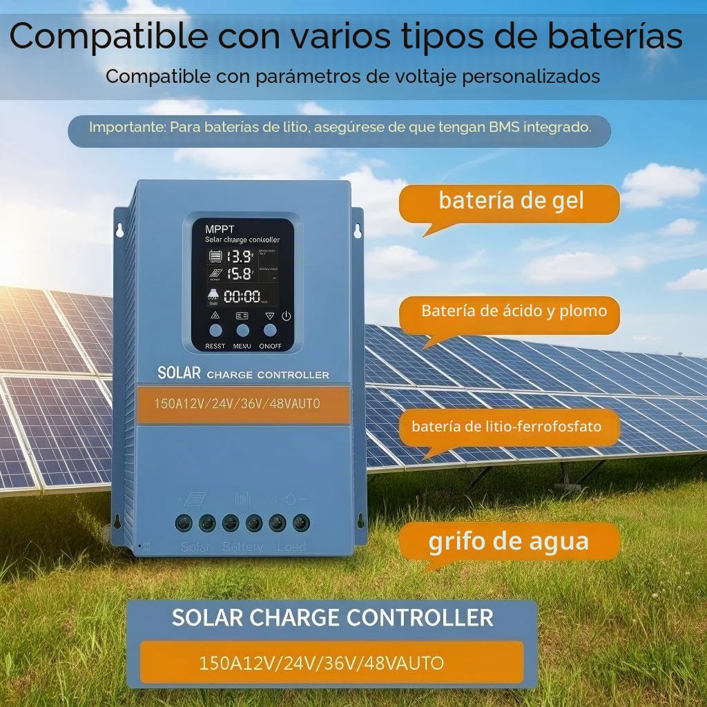 Regulador de carga solar 150A 12V 24V 36V 48V Indicador LCD de reconocimiento inteligente Regulador inteligente de batería Máx. 100V Entrada doble USB para baterías de plomo/litio