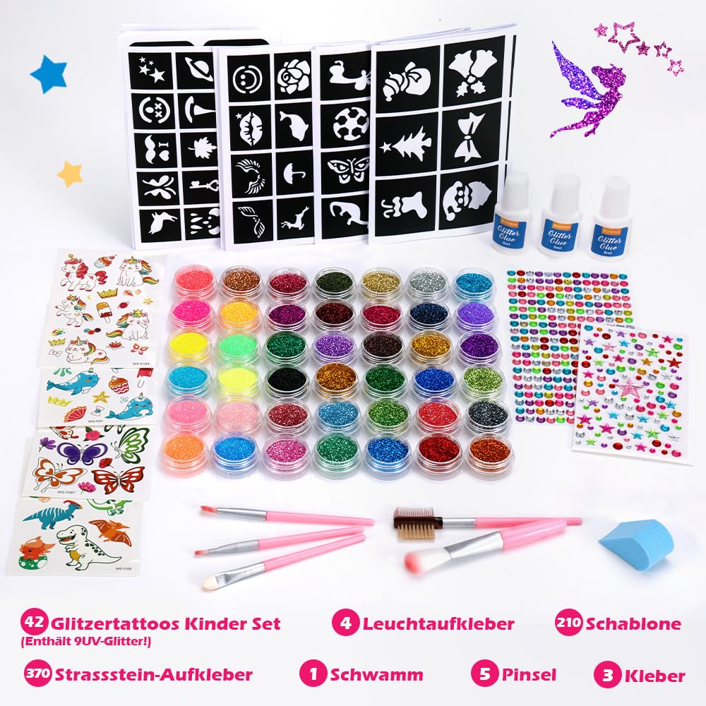 Bledras Glitzer Tattoo Set Kinder, 42 Farben Temporary Glitter Tattoos, 210 Schablonen, 370 Strasssteine, 5 Pinsel, 3 Kleber, Glitter Make Up Kit for Birthday Party Ostergeschenk