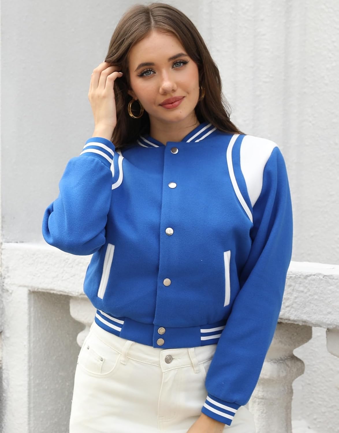 Womens Cropped Bomber Jacket Long Sleeve Button Down Baseball Varsity Fall Outerwear - Image 4