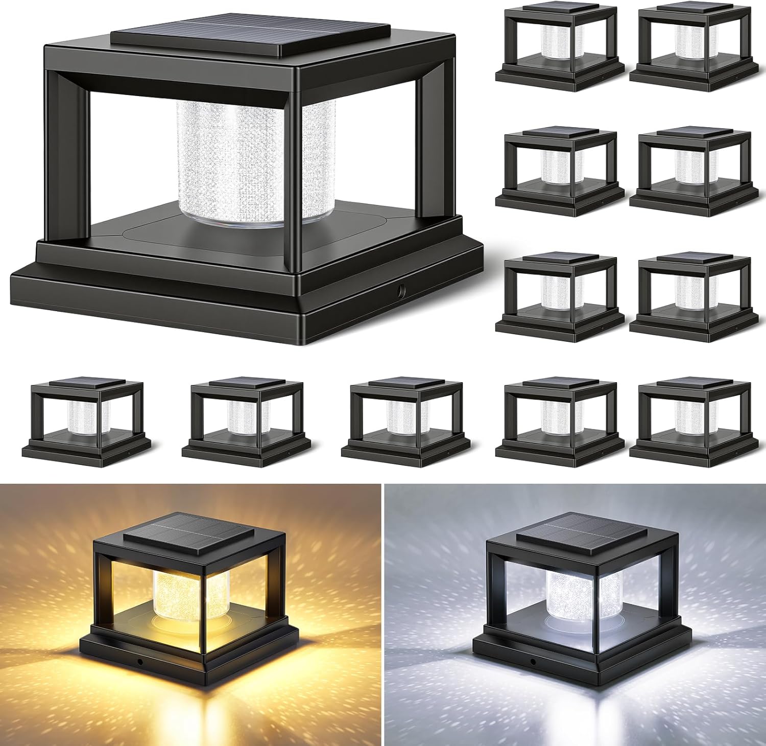 FOLKSMATE Solar Post Cap Lights 12 Pack, 2 Lighting Modes Cool/Warm White Outdoor Solar Powered, Waterproof Fence Deck Lights for 4×4 3.5×3.5 Wood Vinyl Posts, for Garden Patio Porch Decor, Black