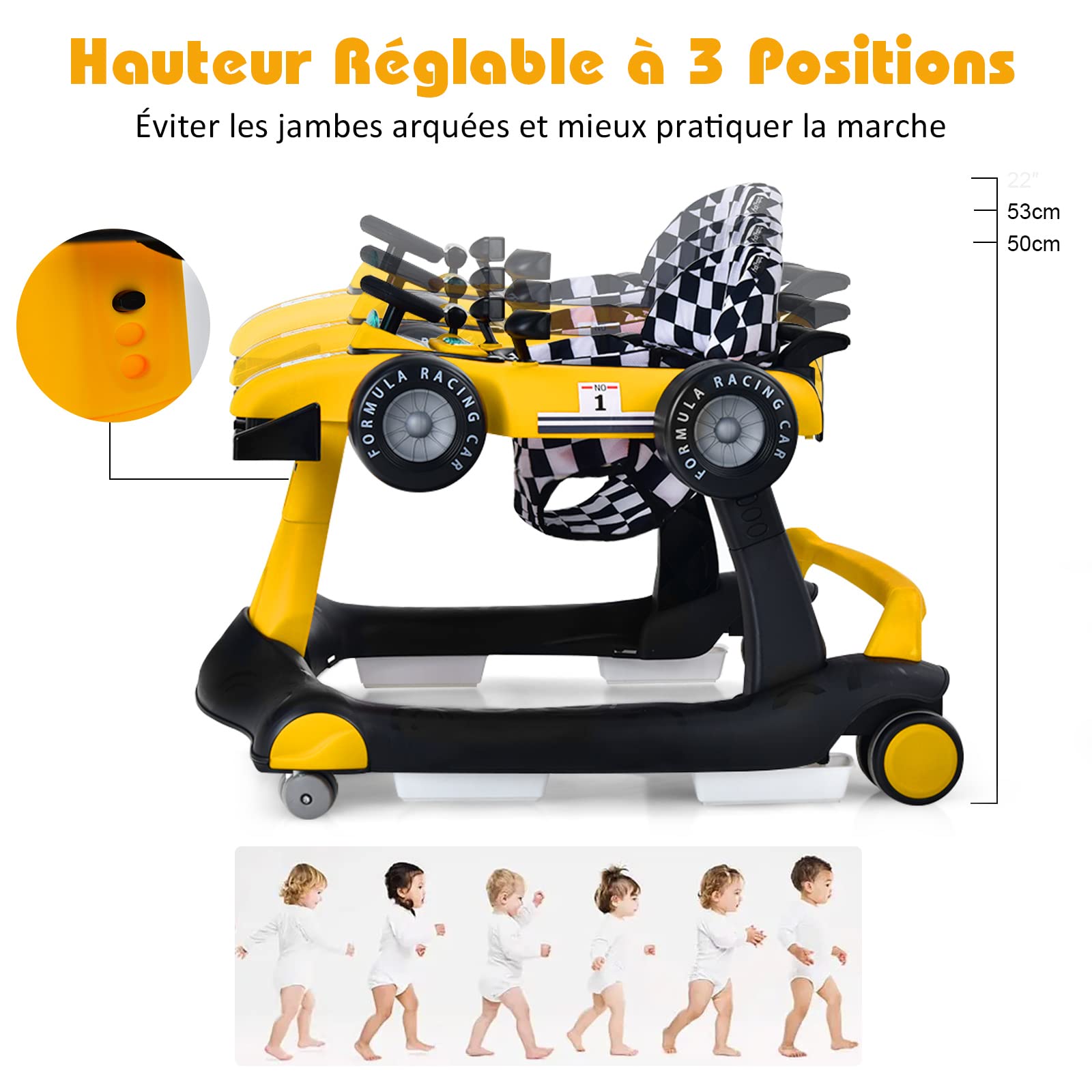 GOPLUS Trotteur Bébé Évolutif 4 en 1 Garçon Fille 6-18 Mois, Charge Max 12 KG, Trotteur Bebe Marche Pliable, Musique et Lumière, Hauteur Réglable en 3 Positions (Jaune)