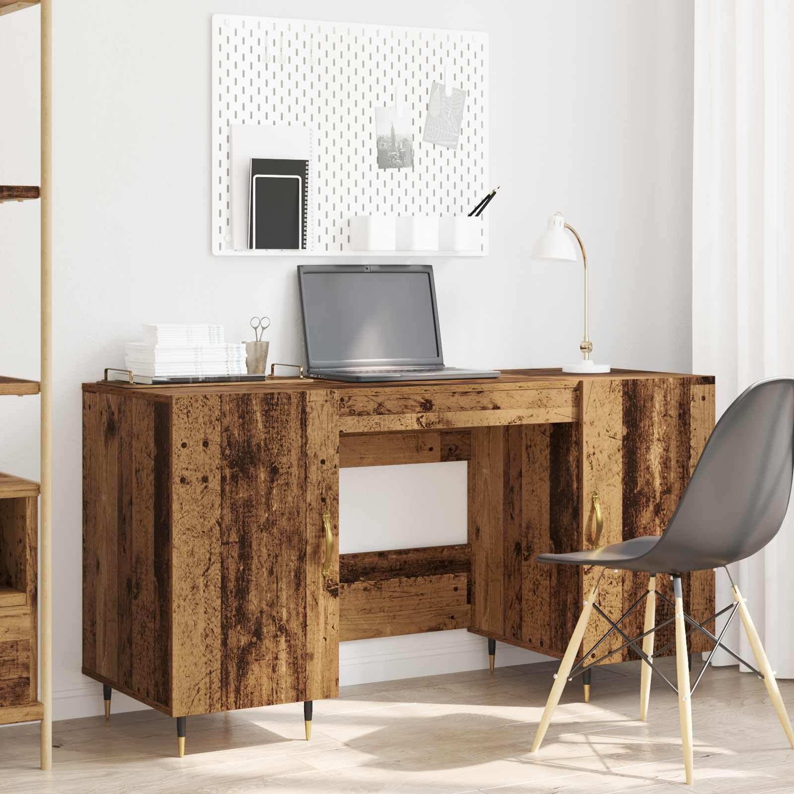 Escritorio con estante de diseño industrial de madera envejecida de 140 x 50 x 75 cm, material de madera mate, 2 estantes, para oficina en casa, oficina, lugar de trabajo, para teclado