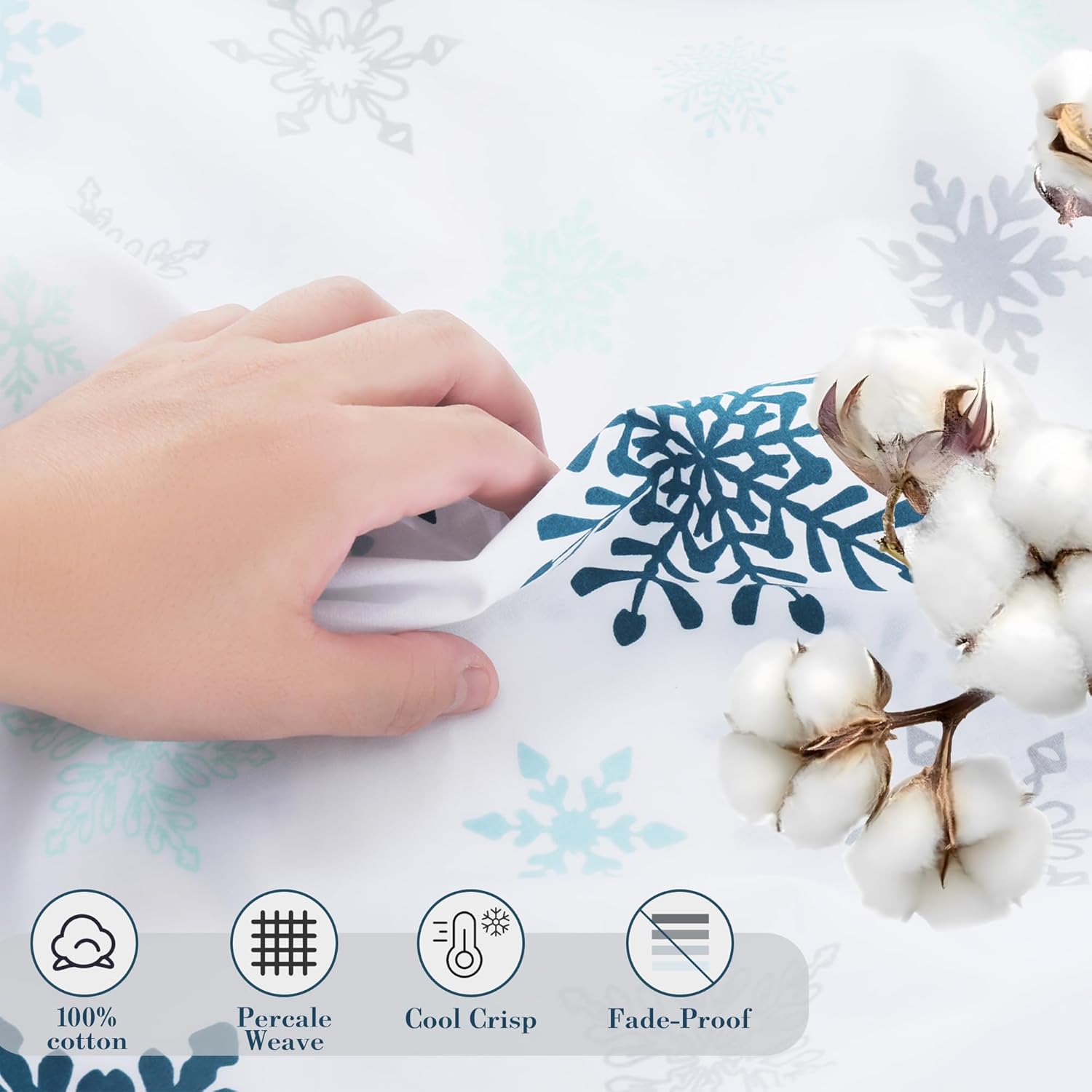 Viviland Christmas Holiday 100% Cotton Sheets Queen, Crisp Cooling Percale Snowflake Sheets, Soft Cozy Winter Bedding