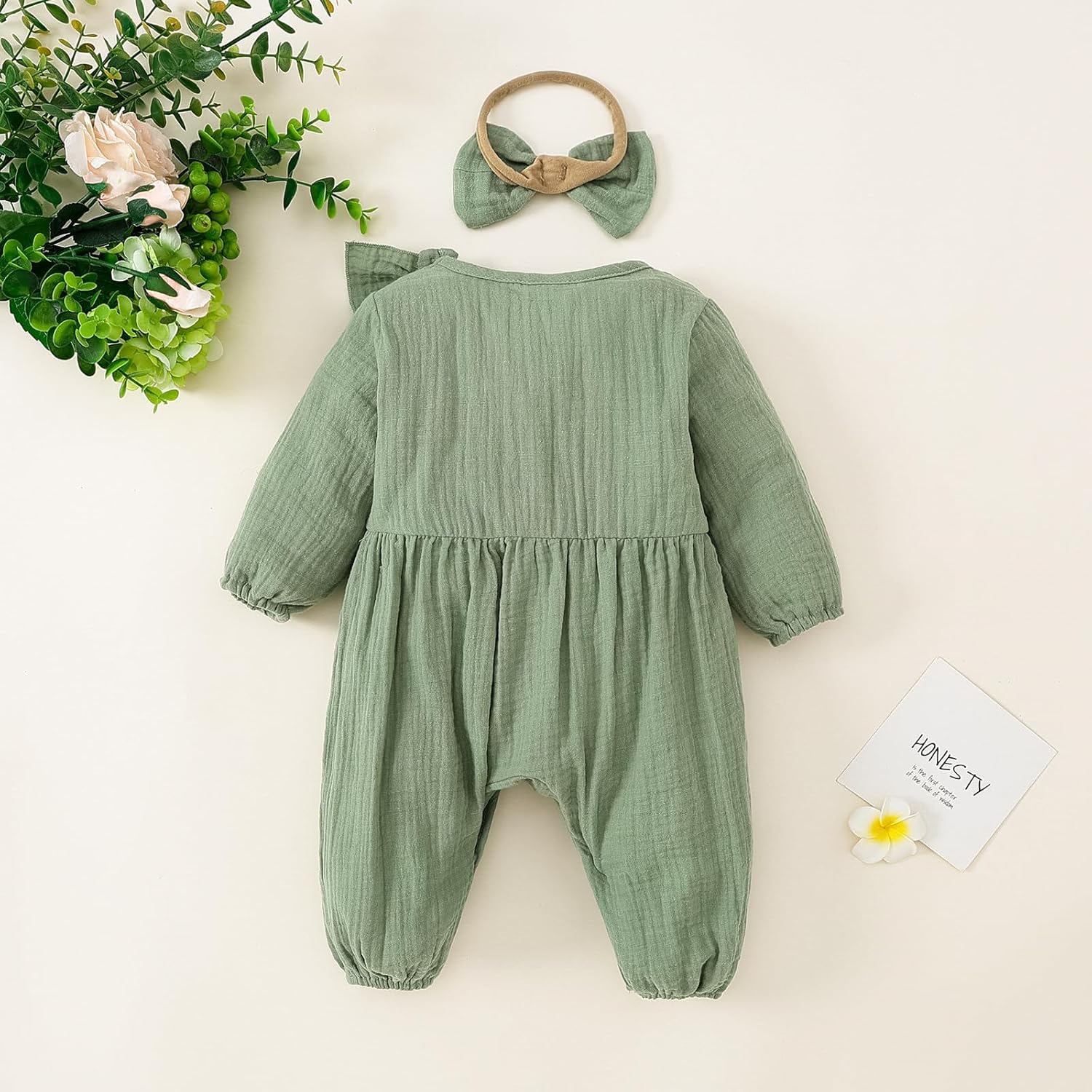 Newborn Baby Girls Smocked Romper Preemie Long Sleeve Going Home Outfit with Bow He... - Image 3