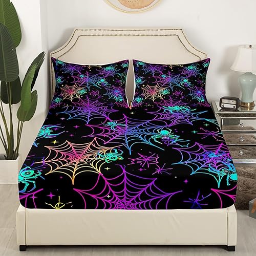 Miniatura 3 de Manfei Juego de sábanas de Halloween tamaño matrimonial, juego de sábanas de araña psicodélica, 4 piezas con sábana bajera de bolsillo profundo +