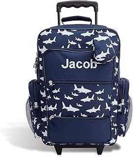Personalized Rolling Luggage for Kids, 5-Pocket Shark Suitcase Set With Clip-On Pouch, Customizable Boys Travel Carrier on Wheels, 6W x 15.5L x 23”H