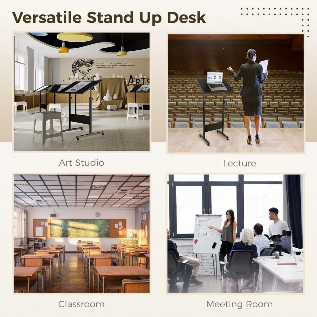 Mobile Podium, Adjustable Standing Desk with Caster Wheels, Adjustable Height 360° Swivel Desktop, Versatile Podium Laptop Desk Stand Up Desk Easel Presentation Lectern (Black)