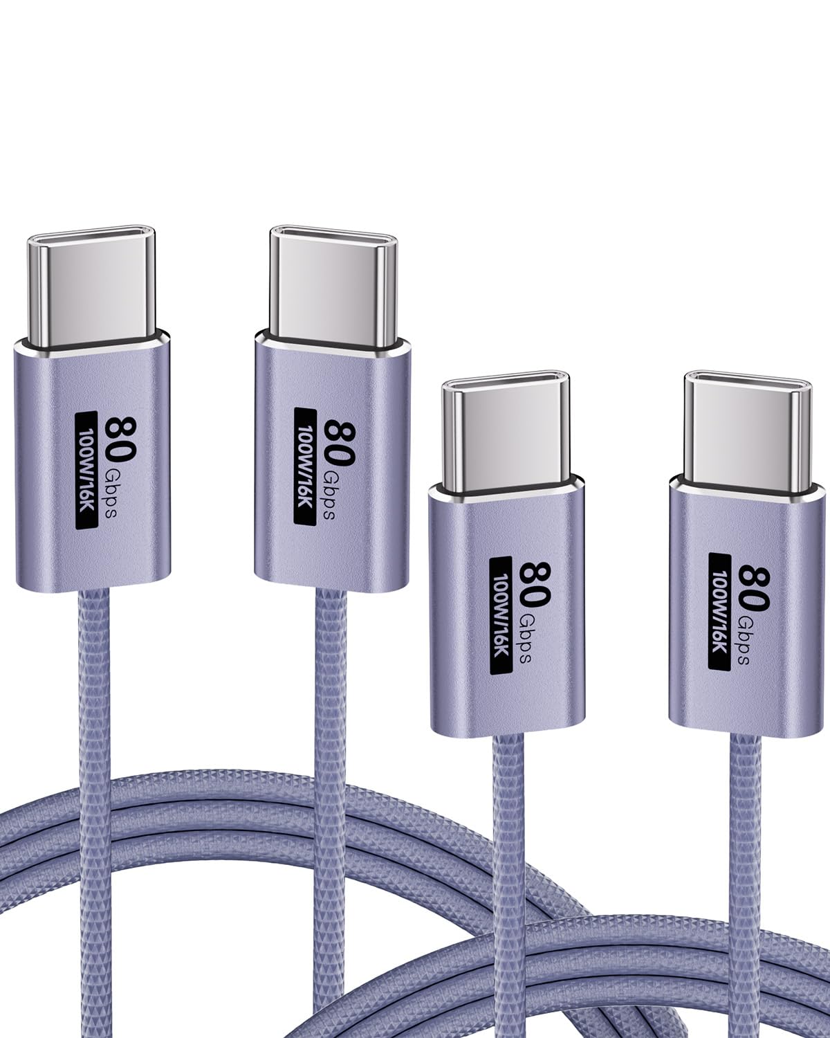 Fioletowy, 2 sztuki kabla USB typu C 80 GB/s, kompatybilny z Thunderbolt 5/4/3, elastyczny kabel USB C 100 W, 16K, 8K, 4K, do monitora, tabletu, dokowania, wyświetlacza, laptopów, dysków SSD