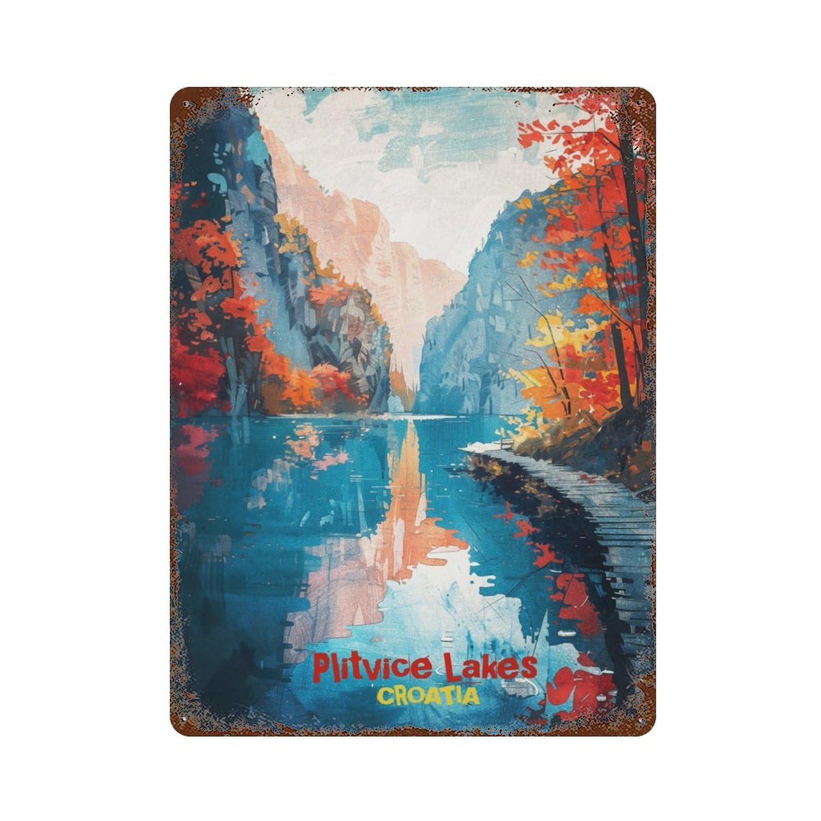 Garage Style Plitvice Lake Art Rust Effect Tin Sign 15.7"x11.8", Industrial Home Decor for Bar And Workshop