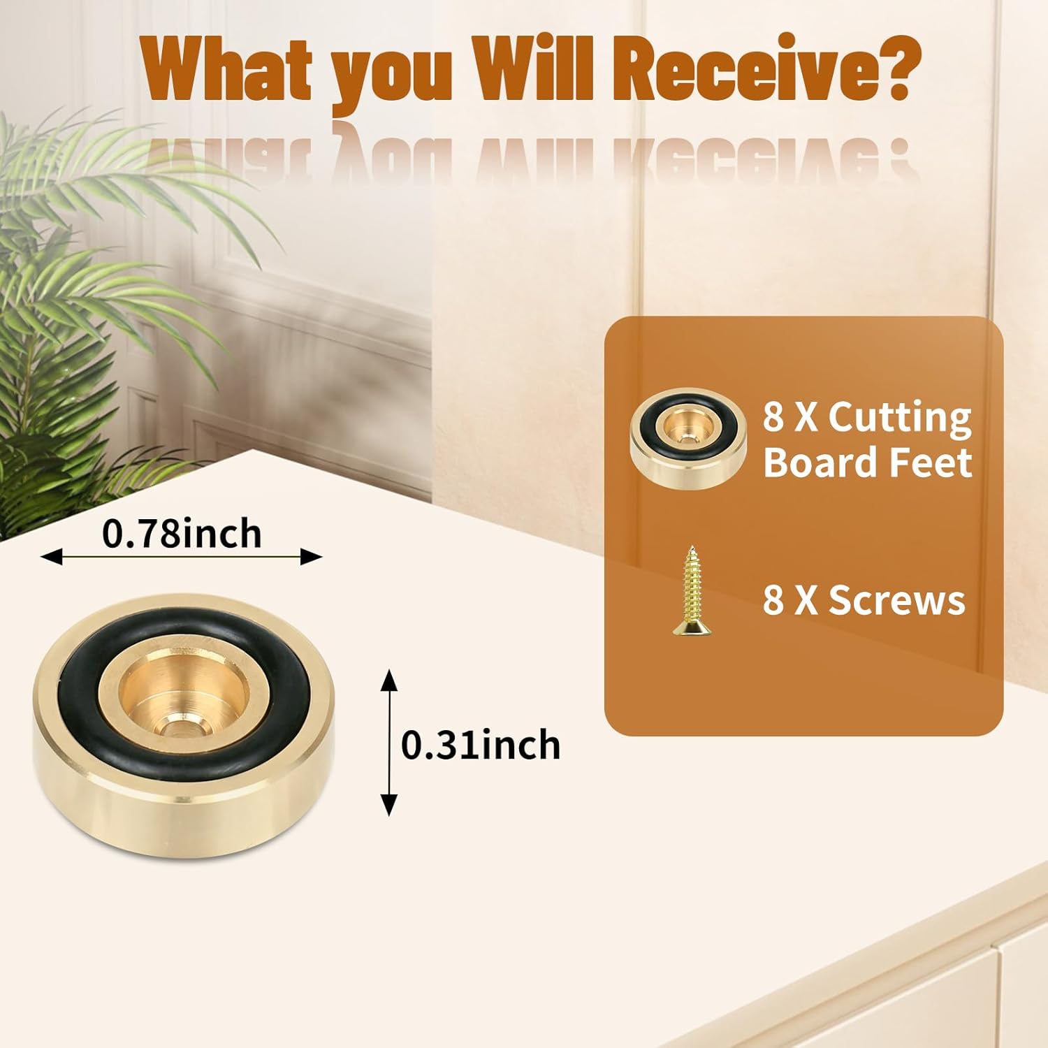 8PCS Brass Cutting Board Feet Non Slip 0.79 x 0. 32 Inch,Board Display Tray Riser Feet with Screws,Suitable for Serving Tray Wood Board,Chair,Speakers,Jewelry Box