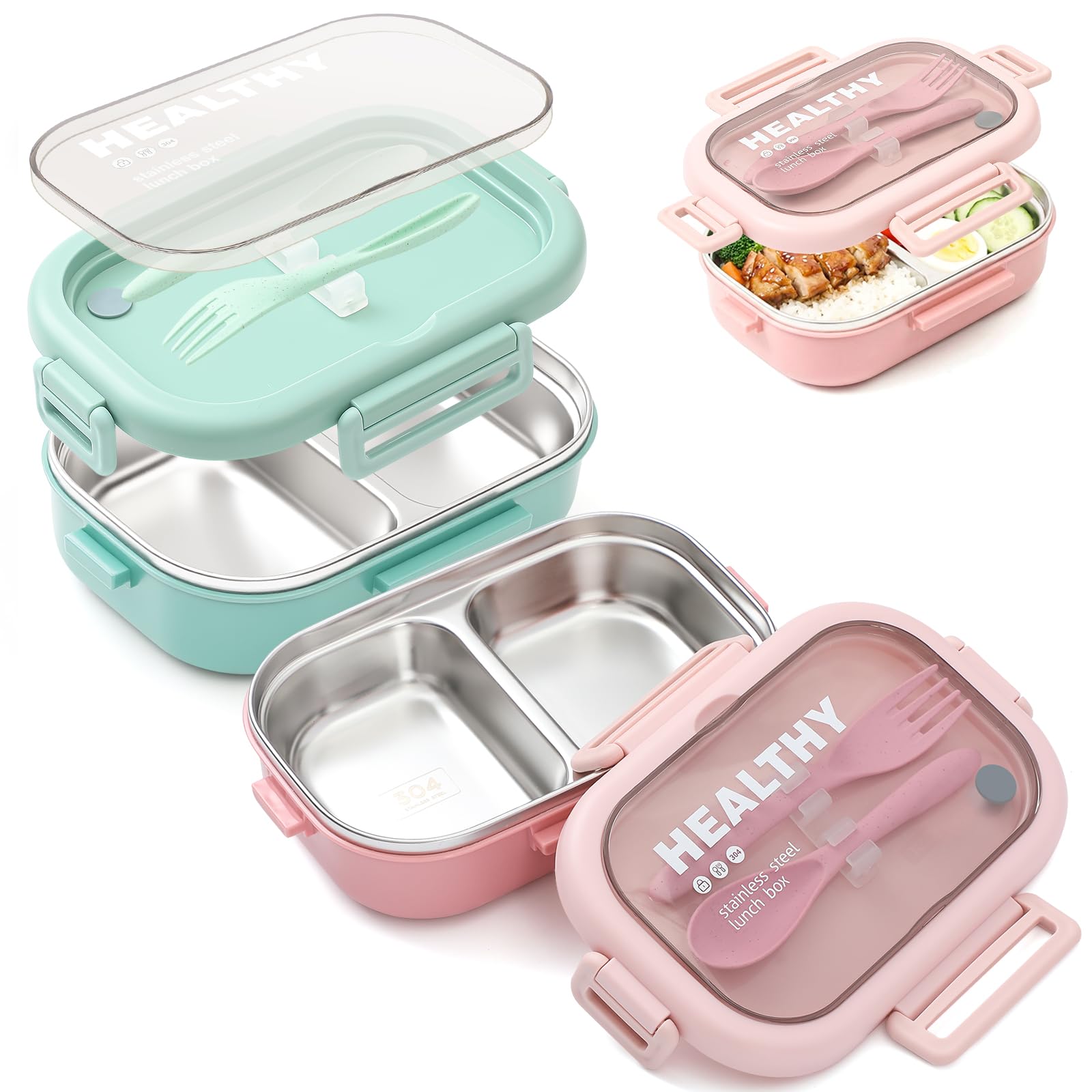 Photo 1 of Acellegic 2 Pack Stainless Steel Lunch Container 28oz with Cutlery, 2 Compartment Bento Box, Leakproof Food Storage Container for Adults Family Office Work Picnics Travel, Green and Pink